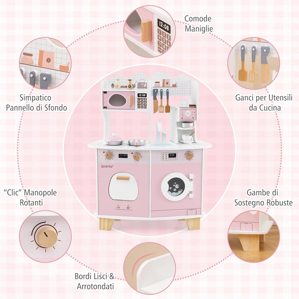 Cucina Giocattolo con Macchina da Caffè, Forno e Lavatrice, Cucina per Bambini in Legno con Microonde e Lavandino, Set Cucina con 13 Accessori, 70 x 30 x 88 cm, per Bambini 3+ Anni