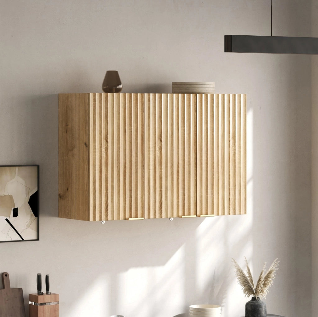 Pensile da parete a 3 ante 90 x 29 x 60 cm in MDF naturale; con maniglie dorate