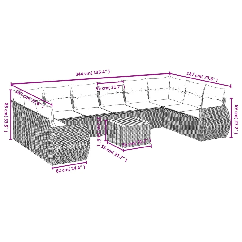 Set Divani da Giardino 11 pz con Cuscini in Polyrattan Nero 3225174
