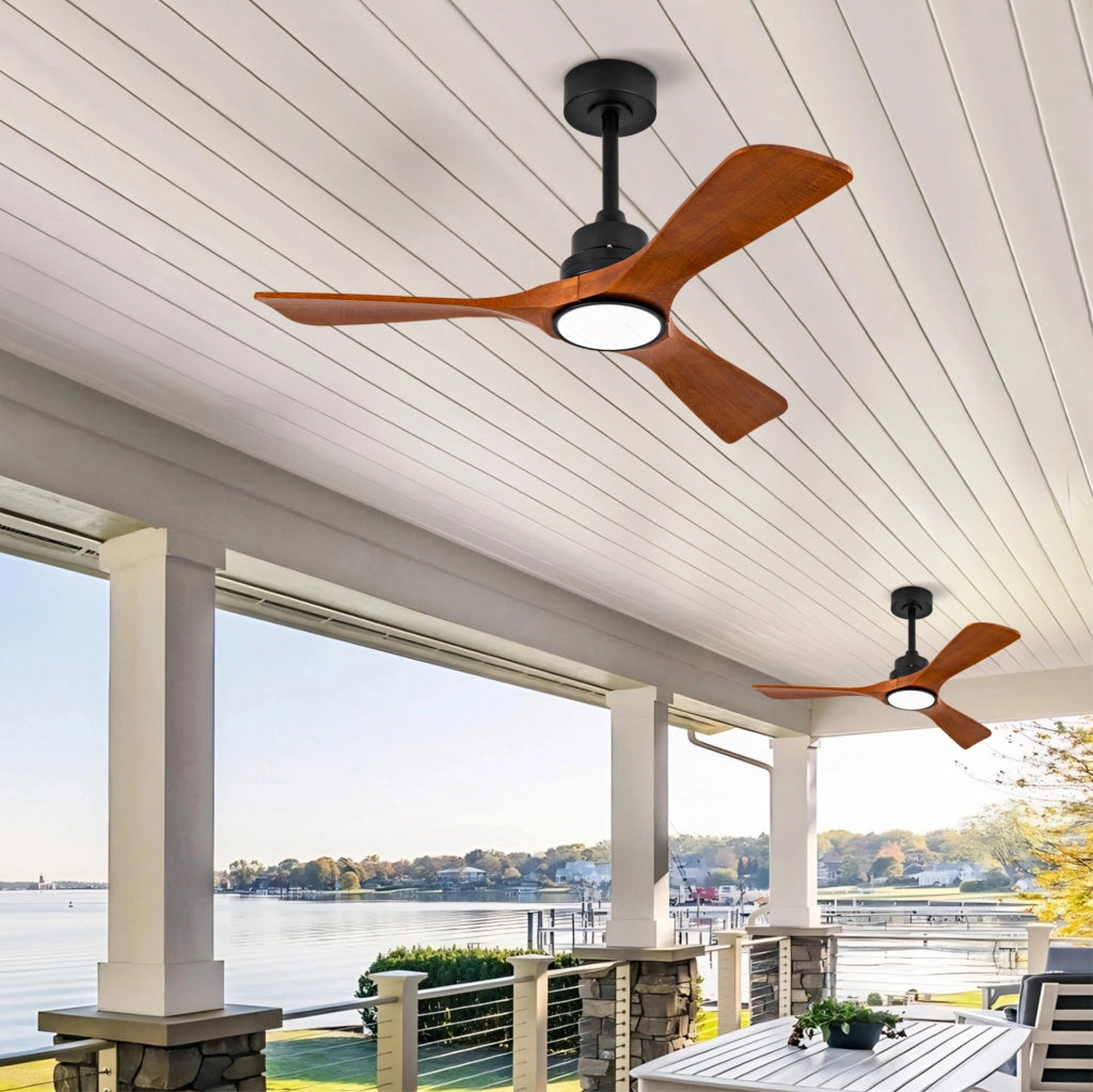 Ventilatore da soffitto con luce 42 pollici; 3 pale in legno noce; nero e noce scuro