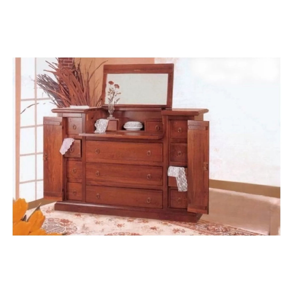 Cassettiera arte povera 13 cassetti con ribalta legno tinta noce 144x54x95 (74) - Mobili 2G