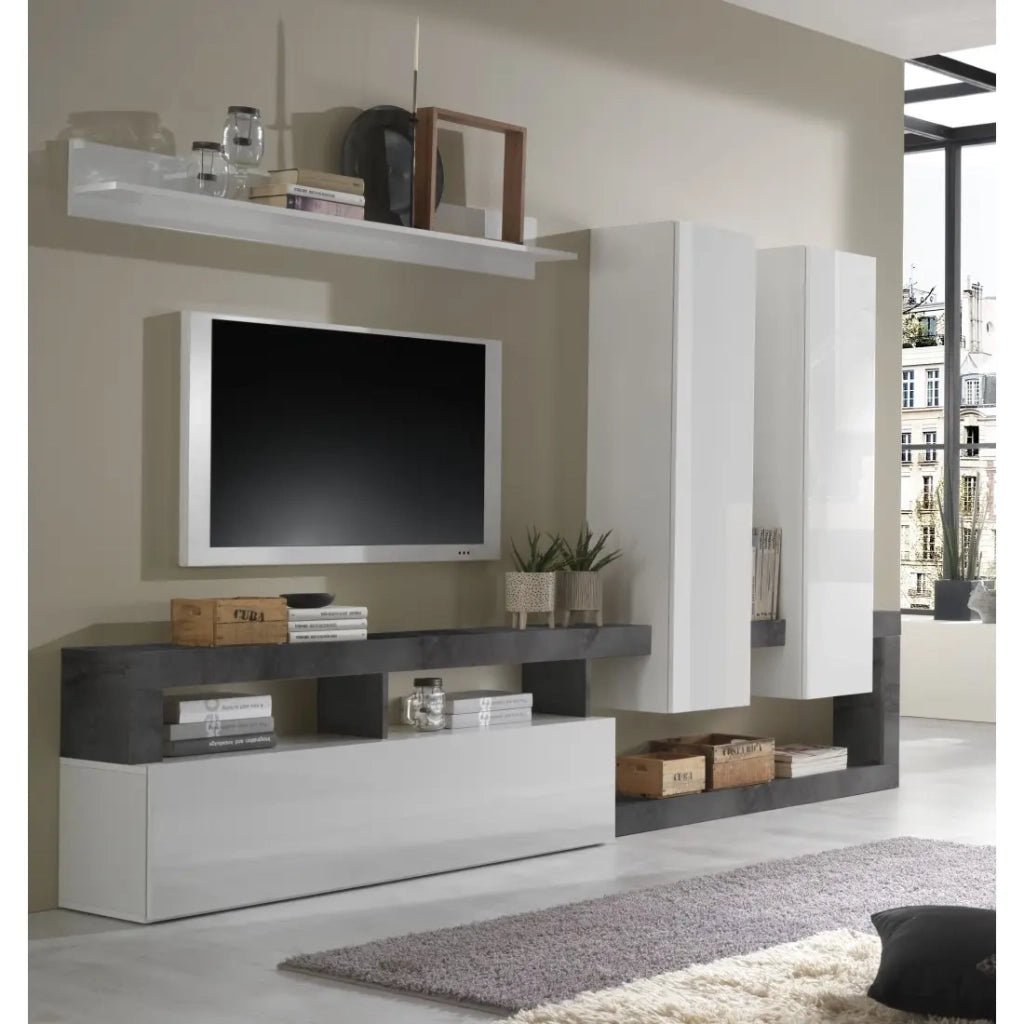 Set di mobili da salotto con ripostigli, collezione BURA, bianco lucido/grigio antracite