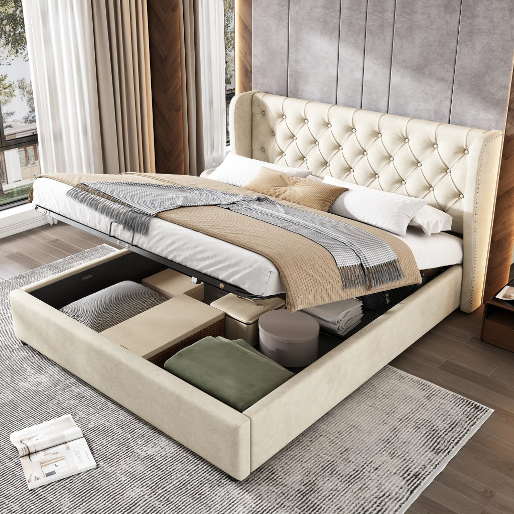 Letto Contenitore Letto Matrimoniale 140x200 cm; Contenitore in Velluto Beige