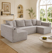 DIVANO modulare a U 320x155x88 cm in velluto a coste grigio chiaro