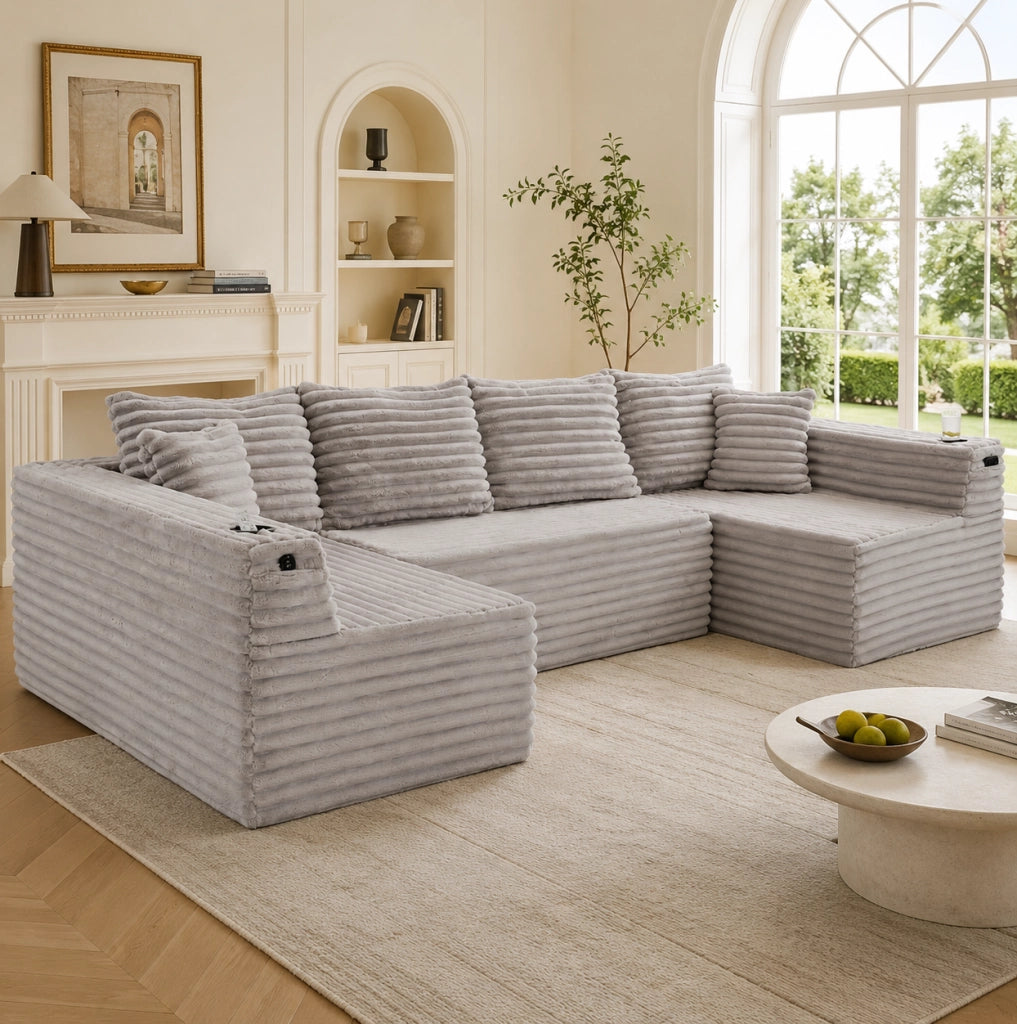 DIVANO modulare a U 320x155x88 cm in velluto a coste grigio chiaro