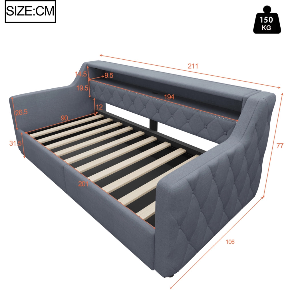 Daybed 90x200 cm con LED, vano contenitore idraulico e prese USB/USB-C