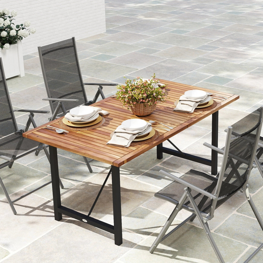 Tavolo da Giardino 160x90x75 cm Piano a Doghe in Legno di Acacia Gambe in Acciaio Colore Teak