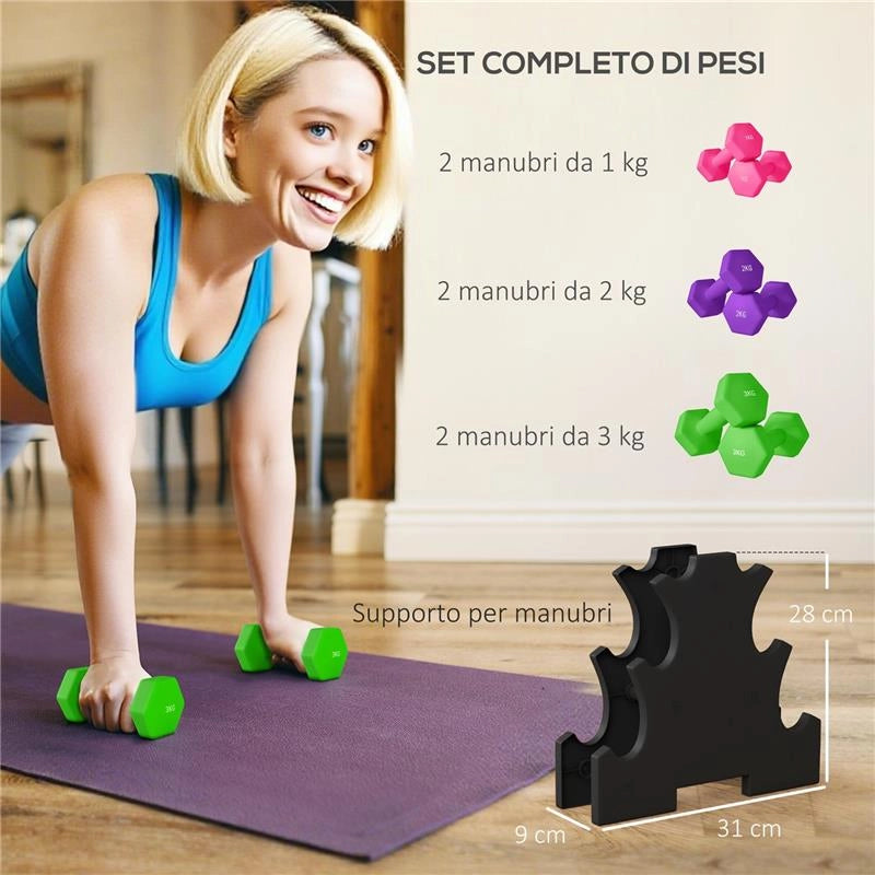 SET MANUBRI CON SUPPORTO, 6 MANUBRI TOTALI 2X1 KG, 2X2 KG, 2X3 KG, MULTICOLORE