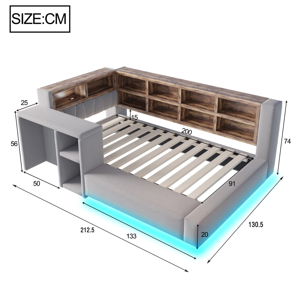 Letto imbottito 90x200 cm con testiera contenitore; LED; prese e comodino; grigio scuro