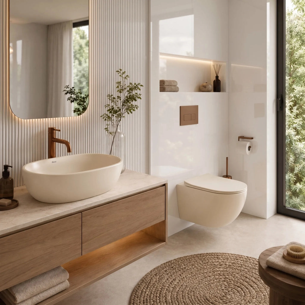 Set Wc Sospeso Focus + Lavabo Da Appoggio Rea Focus Creme