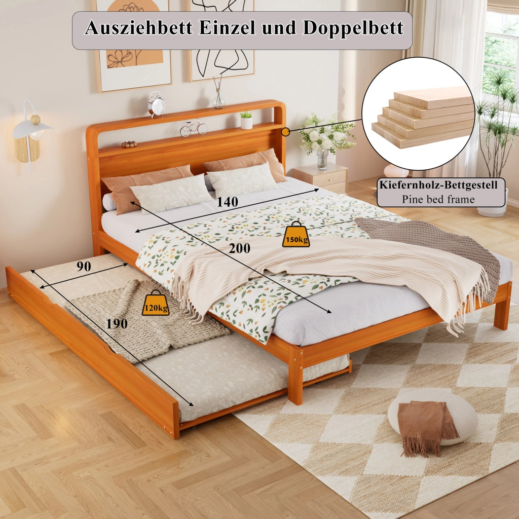 Letto estraibile 140 × 200 cm e 90 × 190 cm con letto ospite, testiera arrotondata, senza materasso, legno naturale