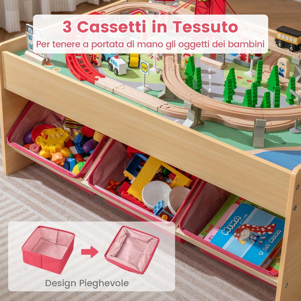 Tavolo con Set di Treni per Bambini 3+ Anni, Tavolo da Gioco Multifunzionale in Legno con 2 Superfici Reversibili, 3 Cassetti in Tessuto e Accessori per Binari, Scrivania da Gioco