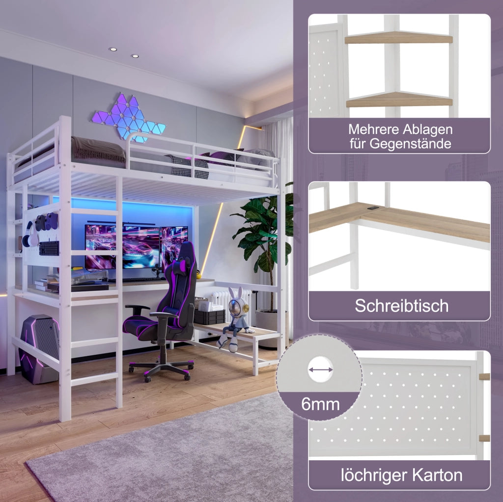 Letto a soppalco 90x200 cm con scrivania, LED e prese USB-C