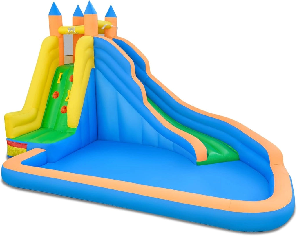 Castello Gonfiabile per Bambini, 3 in 1 Giochi Gonfiabili con Scivolo, Piscina e Parete di Arrampicata, Parco Acquatico da Esterno per Giardino e Prato, per Bmbini 3-12 Anni