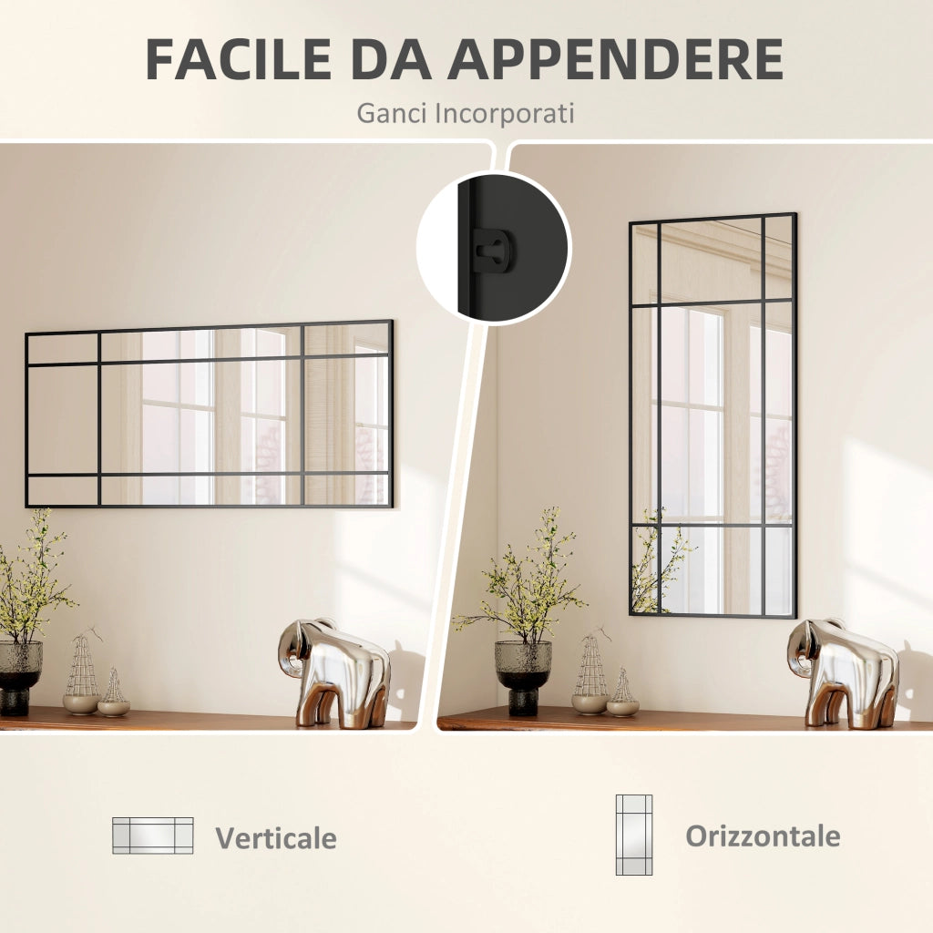 Specchio da Parete Stile Finestra con Montaggio Verticale e Orizzontale, 110x50cm, Nero