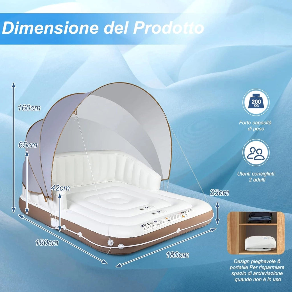 Letto Galleggiante Gonfiabile, Letto Galleggiante Mare con Tettuccio Retrattile e Rimovibile, 2 Porta Bicchieri, per Interna ed Esterna, UPF50+, Portata 200 kg