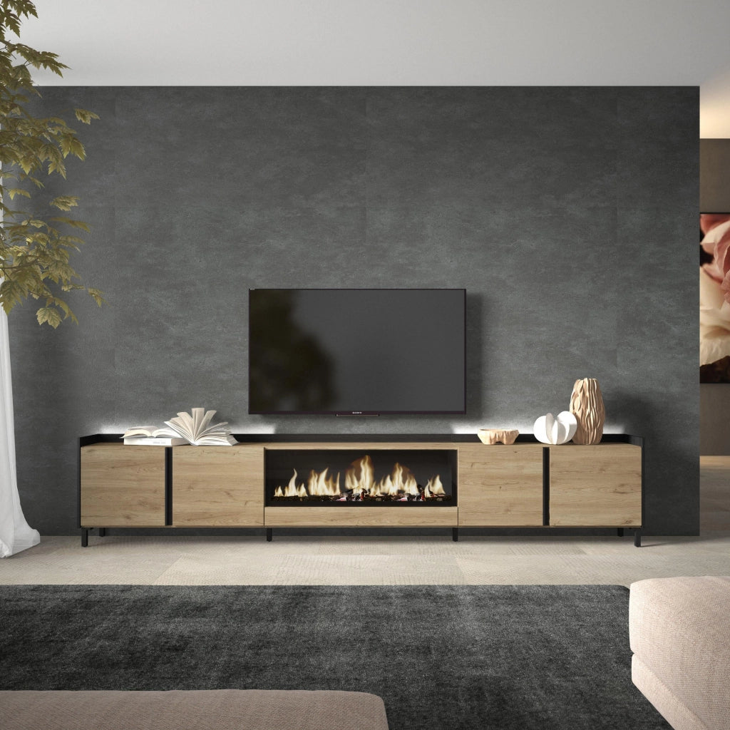 Mobile TV Soggiorno, 315x61x35 cm, Per TV fino a 80", Camino elettrico XXL, Design industriale, LED, Rovere e nero