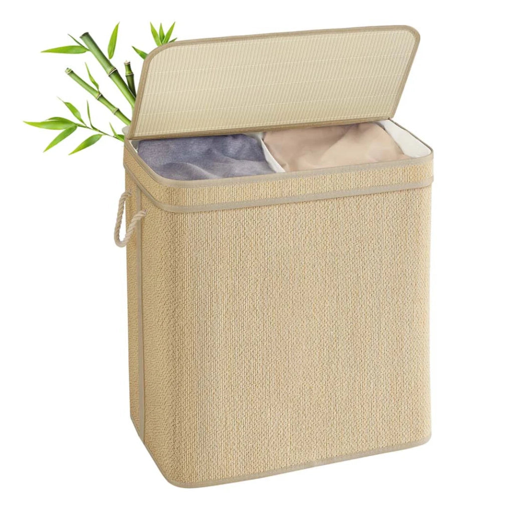 Cesto portabiancheria in bambù cesto per biancheria sporca da 90 litri sacco rimovibile e lavabile in lavatrice coperchio manici lavanderia camera da letto soggiorno beige 12_0006716