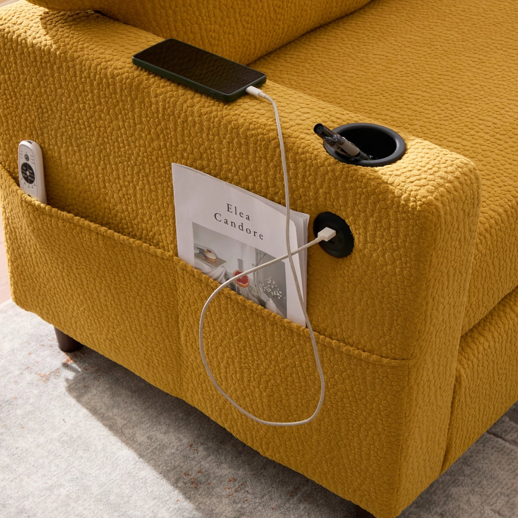 Divano 2 posti 203x77,5x86 cm in chenille senape con USB-C e LED, per salotto –