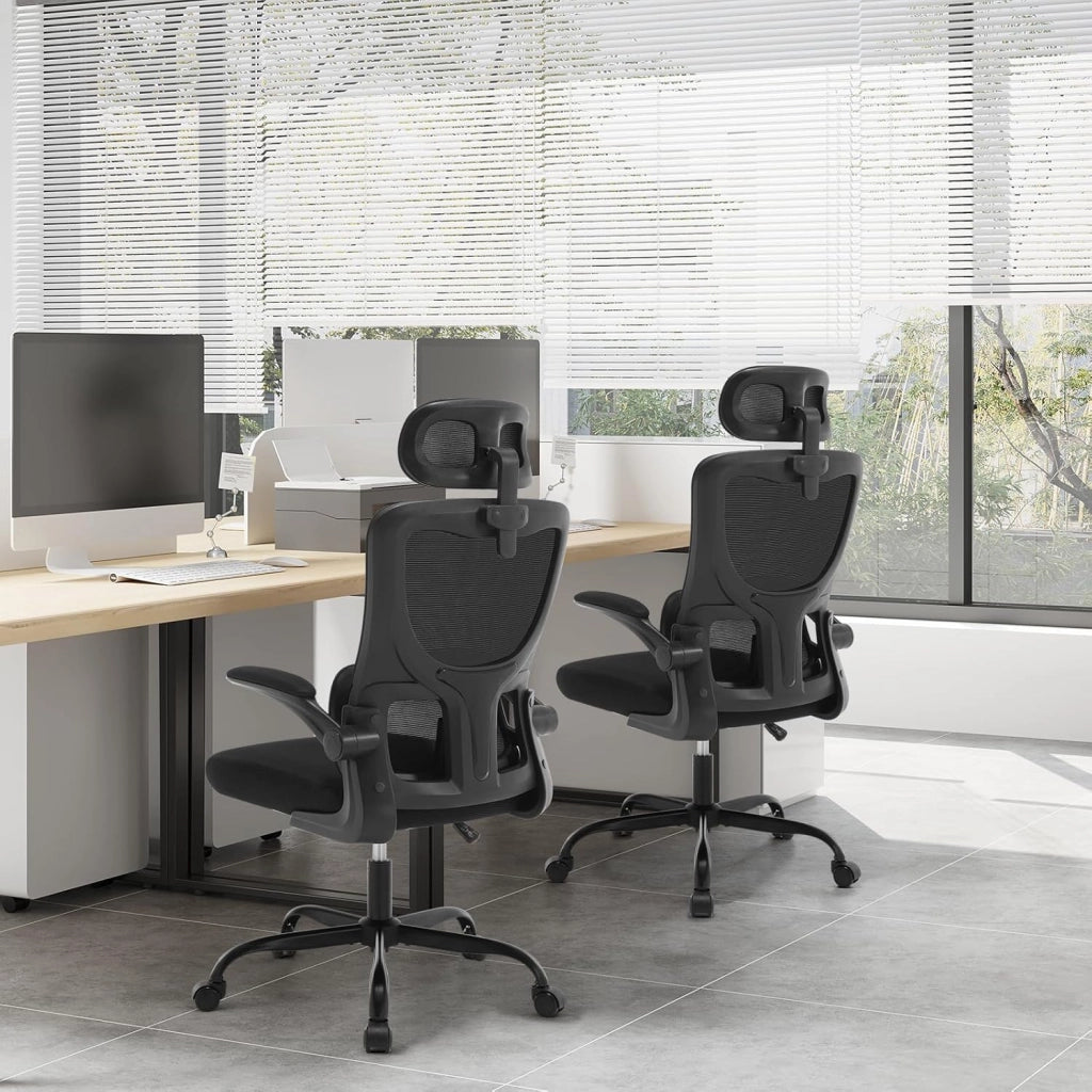 Sedia Ufficio Ergonomica, Sedie Ufficio a Rete Traspirante, Con Supporto Lombare Adattativo a Forma Di C, Poggiatesta Regolabile, Braccioli Ribaltabili, per Scrivania, Casa, Nero