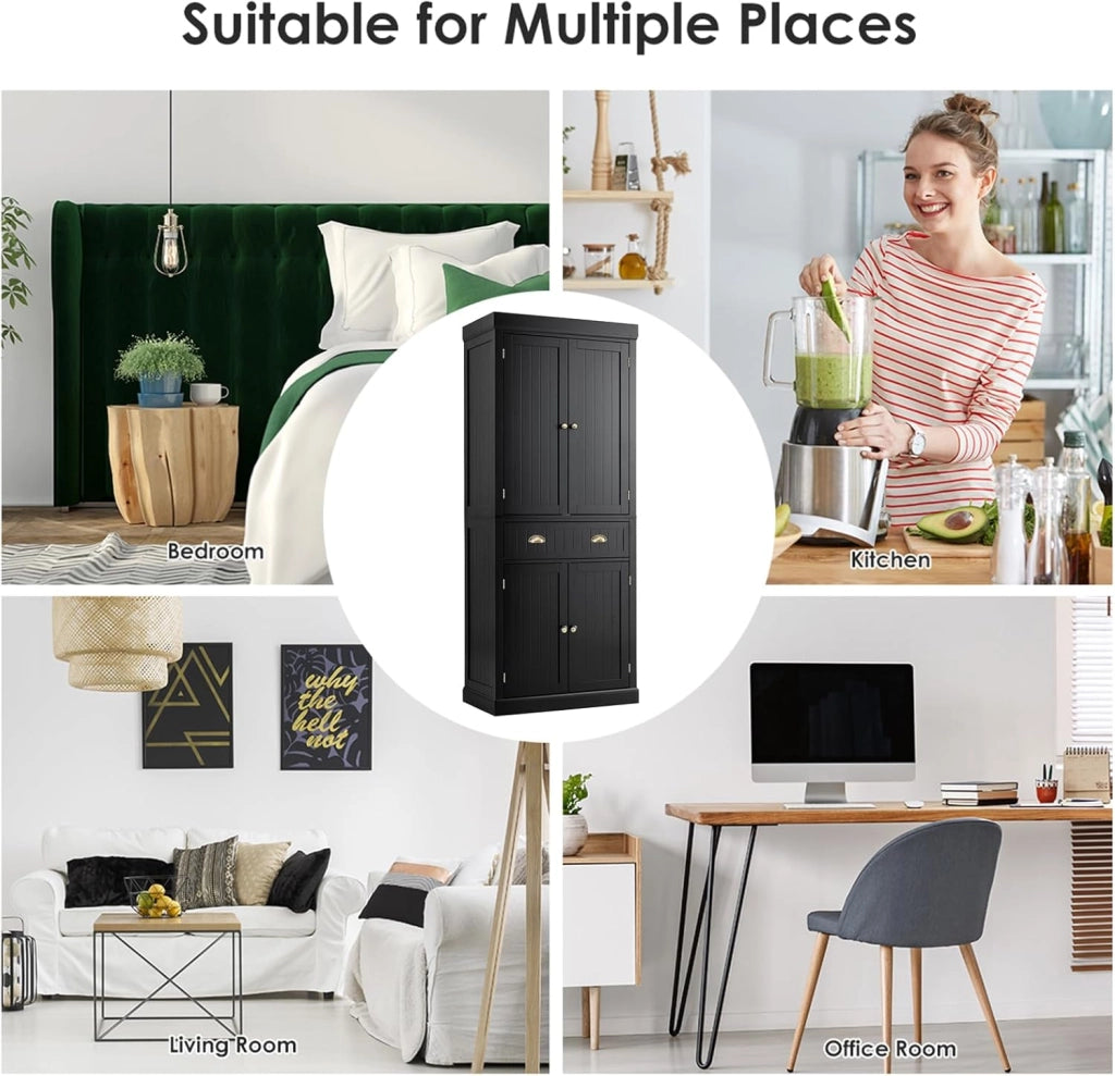 Armadietto portaoggetti multiuso con 1 cassetto e 4 ante, 76 x 40 x 183,5 cm, mobile alto per cucina, soggiorno e bagno, armadietto da bagno in legno (nero)