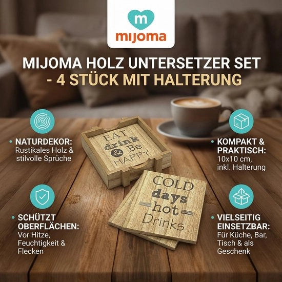 Set di Supporti in Legno da 4 pezzi con Orecchio - Supporti per Bicchieri - Decorazione Naturale - Rustico con Citazione - Supporto per Bicchieri
