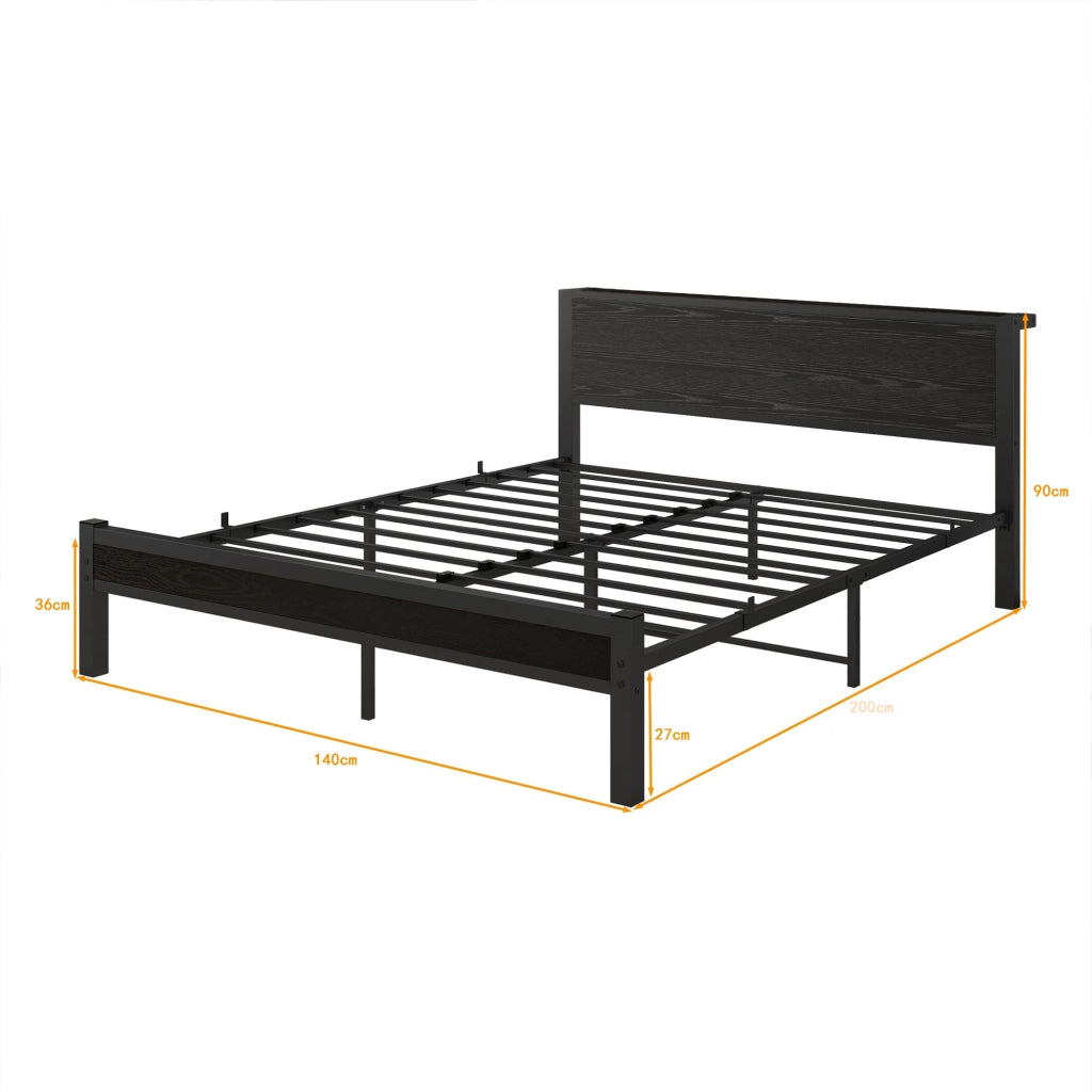 Letto singolo 140×200 cm con testiera contenitore e rete metallica; senza materasso; MDF e metallo; nero
