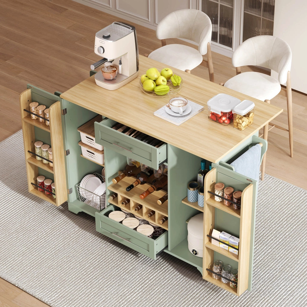 Carrello da cucina con piano ribaltabile, portabottiglie, portabicchieri, portaspezie e porta asciugamani, 138x45/70x92 cm, verde