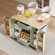 Carrello da cucina con piano ribaltabile, portabottiglie, portabicchieri, portaspezie e porta asciugamani, 138x45/70x92 cm, verde