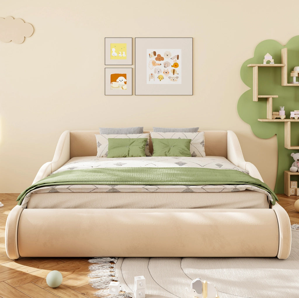 Letto per bambini imbottito 140x200 cm con testiera alta e sponde; beige