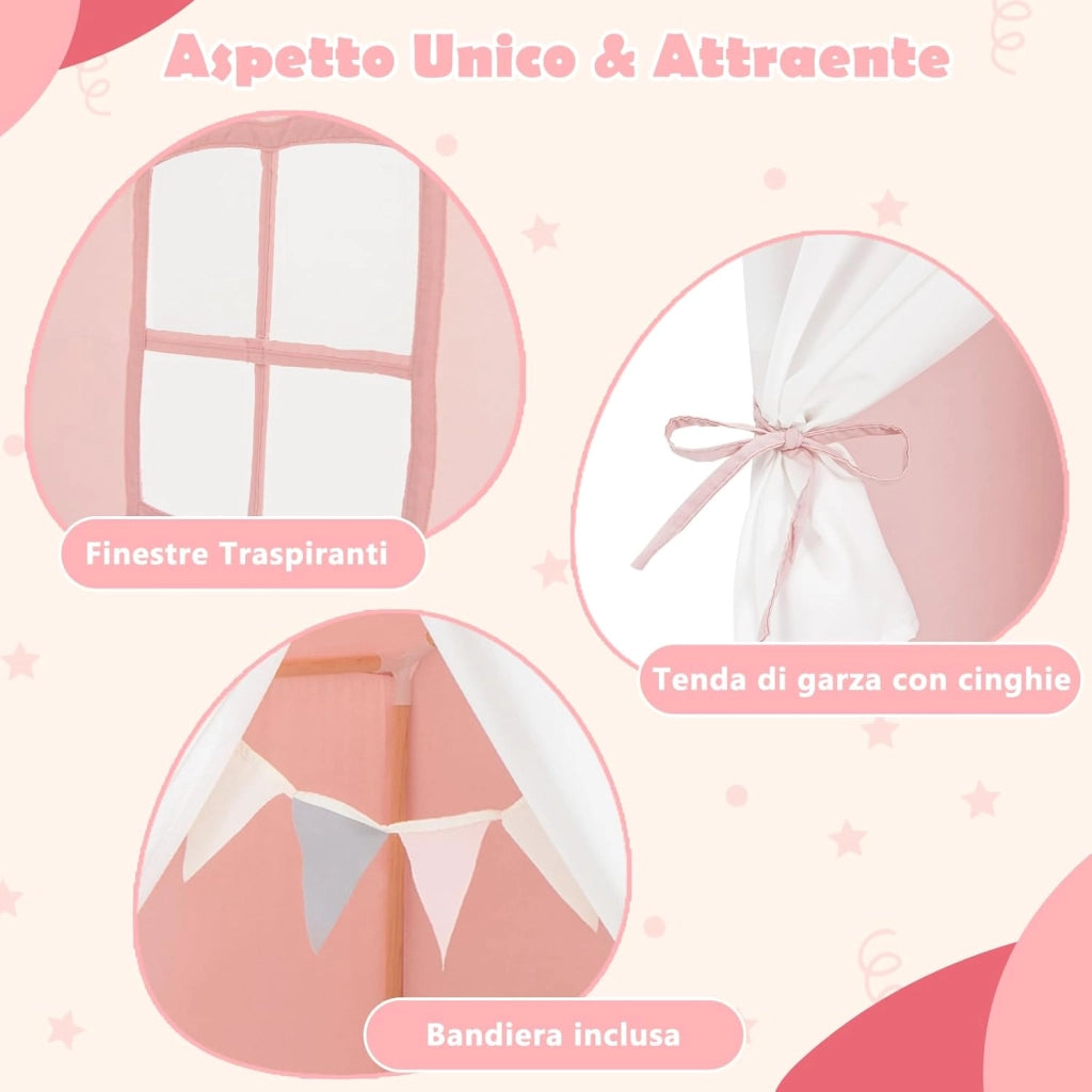 Tenda da Gioco per Bambini, Tenda per Bambini con Finestre Tappetino Lavabile in Cotone e Bandiera, Castello da Gioco per Bambini 3 Anni + (Rosa)