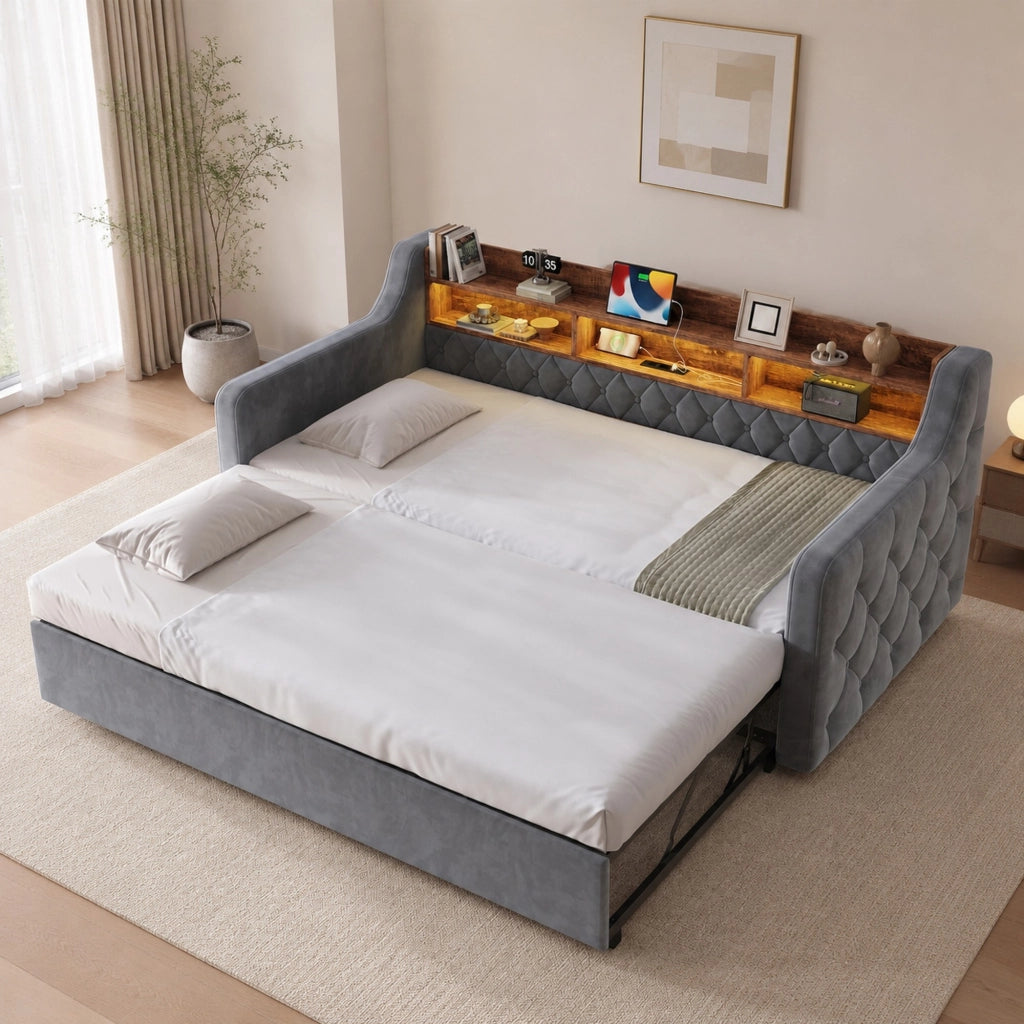 DIVANO LETTO 90x190 cm in velluto grigio scuro con braccioli