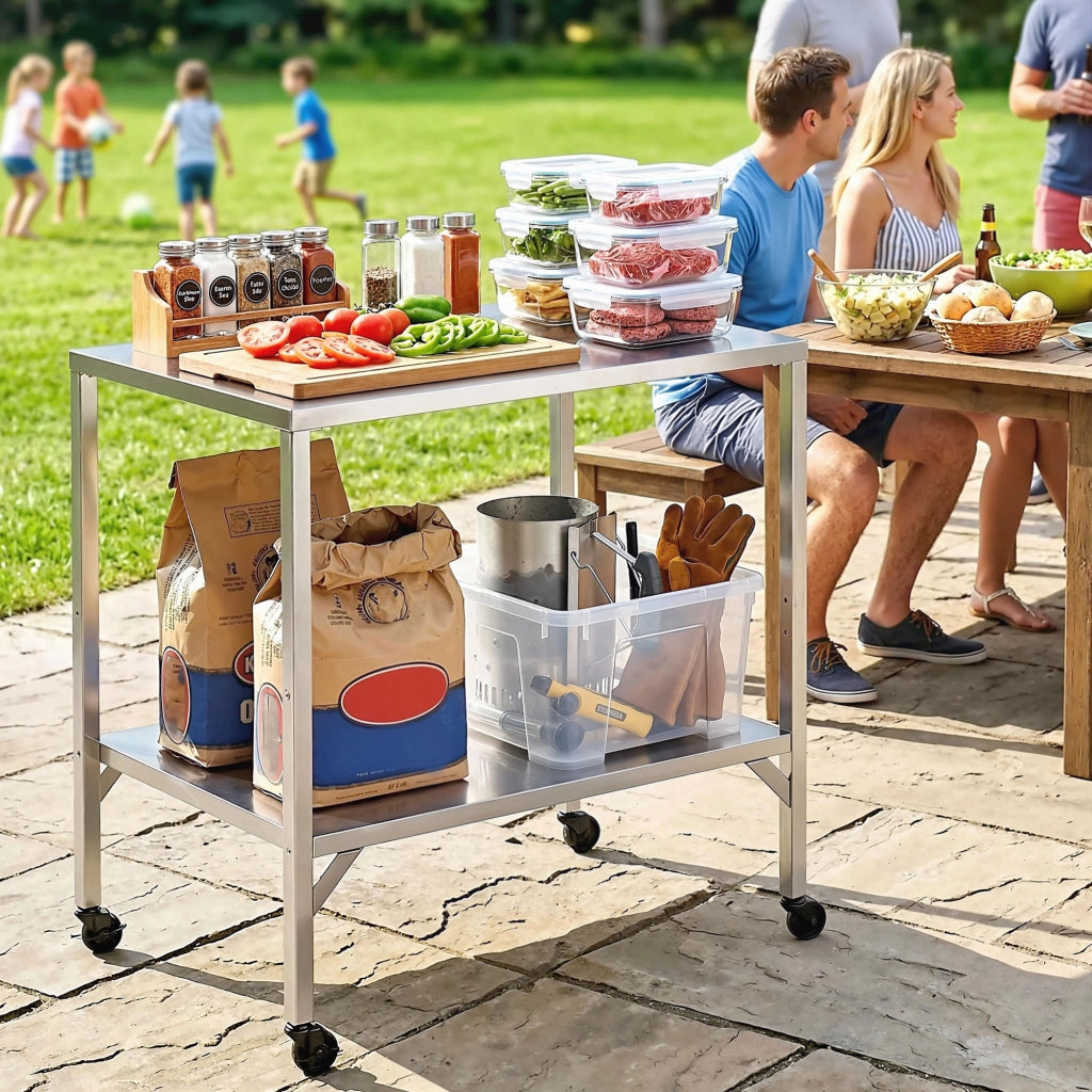 Carrello Barbecue con Piano Lavoro ¨C zephmum ¨C Argento Acciaio Inox 85x60x92cm