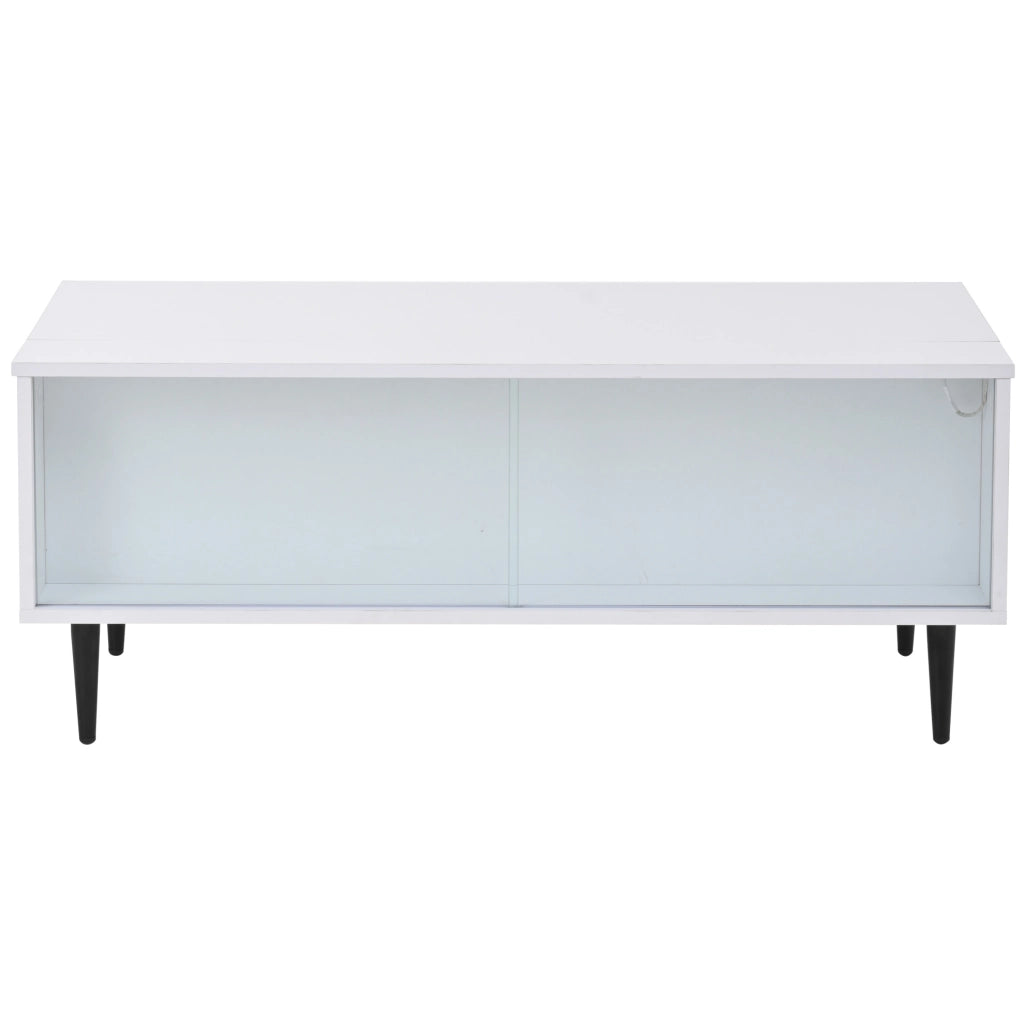 Tavolino da caffè sollevabile 105x50x43 cm con LED; contenitore e ante in vetro bianco