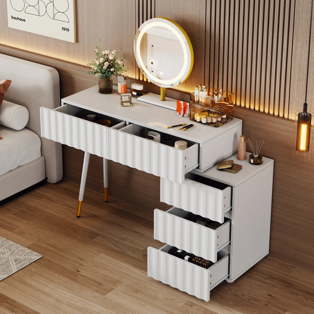Toeletta con specchio LED e 5 cassetti; per camera da letto; in MDF; 100×40×127 cm; bianco