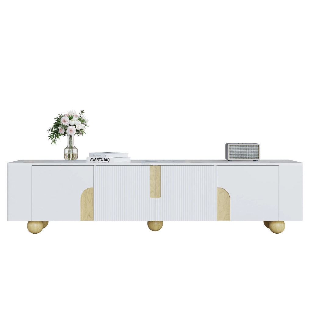 Mobile TV 180x40x44 cm con 4 ante e superficie effetto marmo in MDF e pannello di particelle bianco; naturale