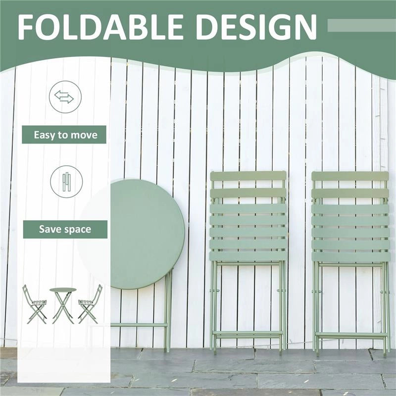 SET DA GIARDINO 3 PEZZI PIEGHEVOLI IN ACCIAIO 2 SEDIE 42X50X81 CM E TAVOLINO Ø60X71 CM VERDE