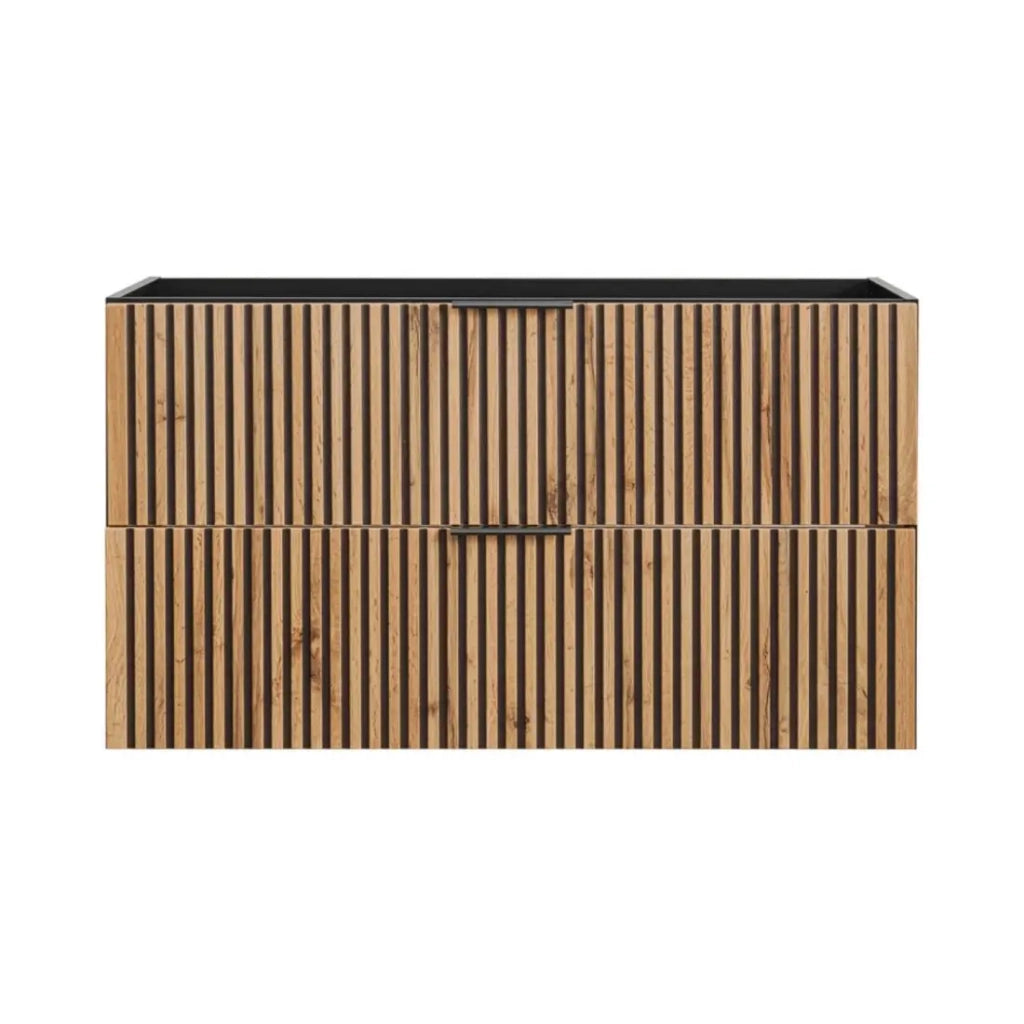 Mobile sottolavabo KINOKO – 2 cassetti – Finitura doghe di legno naturale e nero – L100 × P46 × H57 cm – Da appendere