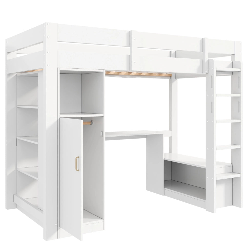Letto a soppalco bianco 90 x 200 cm con armadio, scrivania e LED