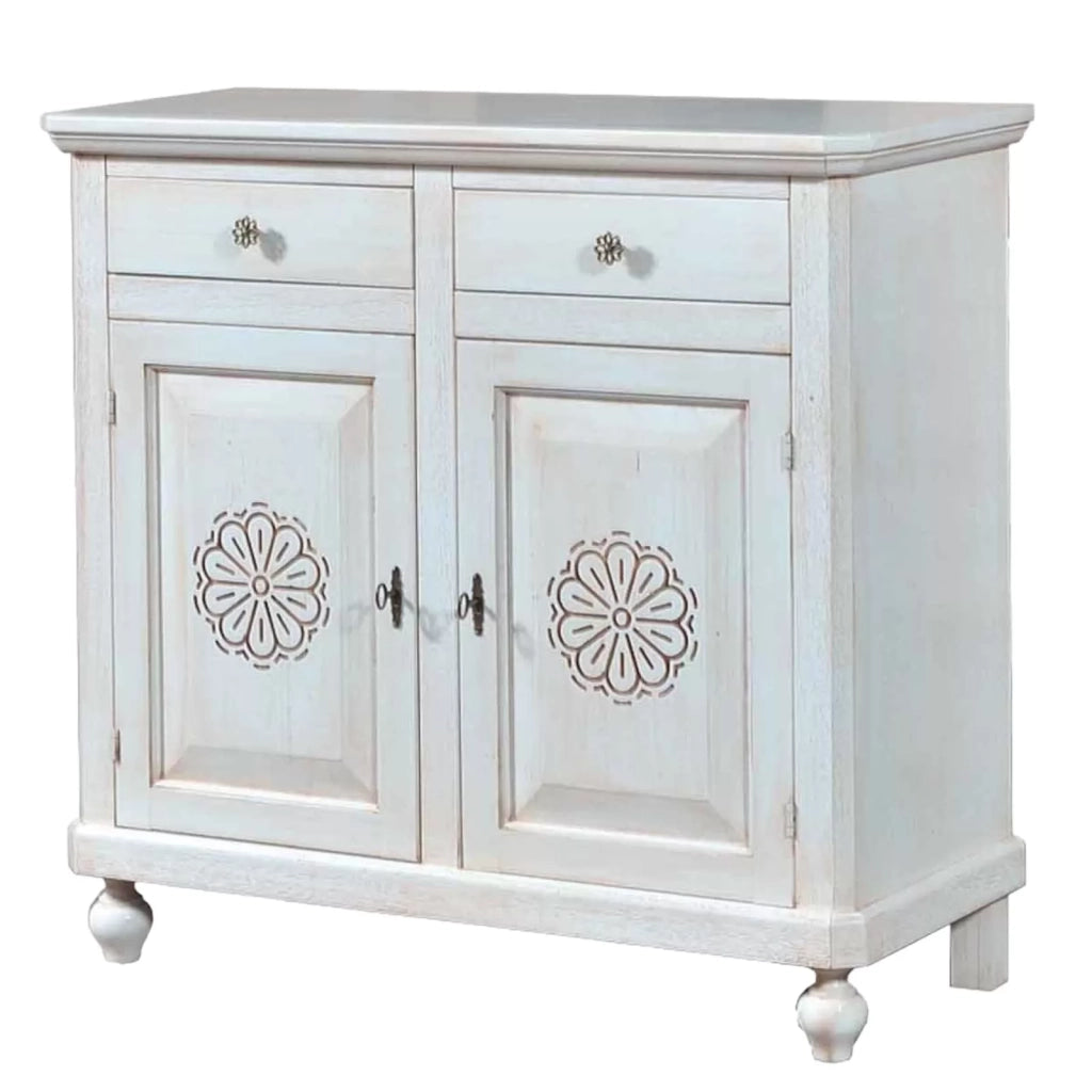 Madia credenza in legno bianco invecchiato e decori l.104 p.43 h.98 - Mobili 2G