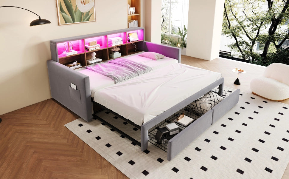 Letto imbottito in velluto grigio chiaro con illuminazione a LED e porta USB 90x190 cm