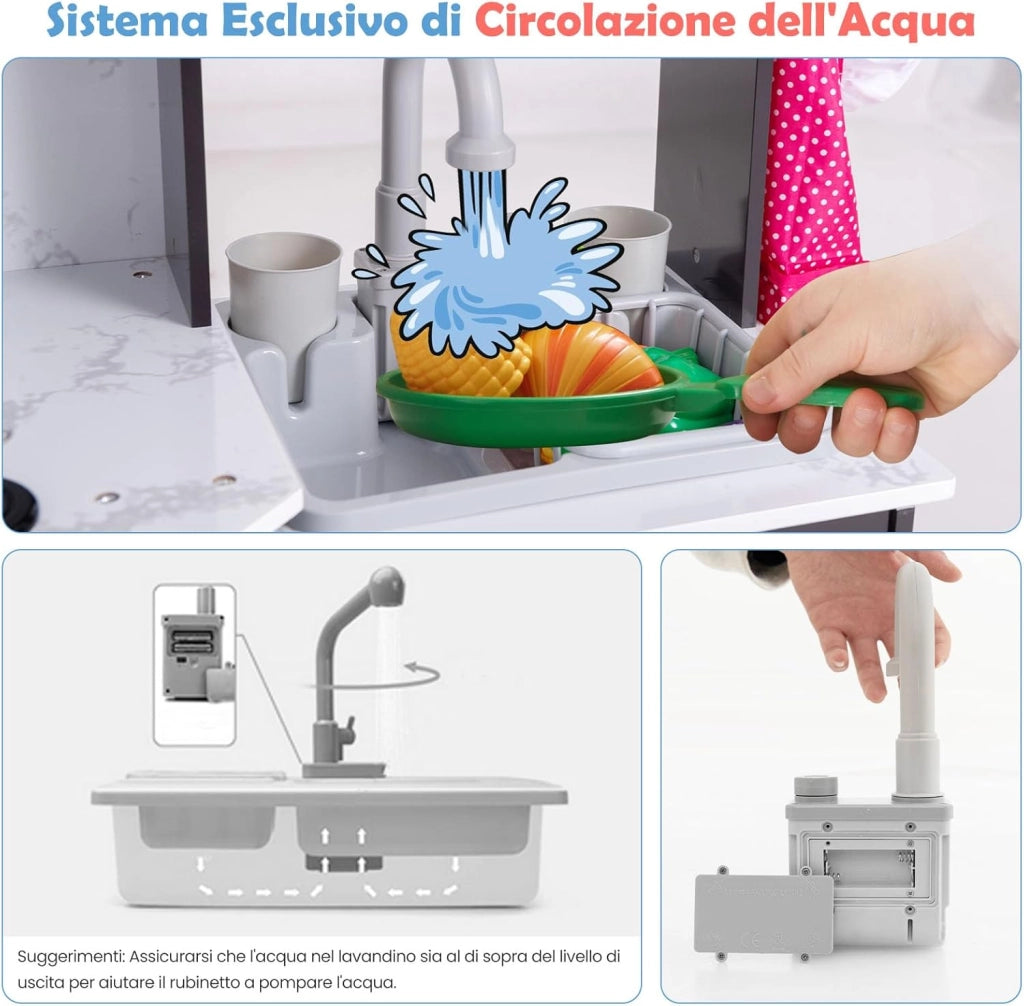 Set di Cucina Giocattolo per Bambini, con Luci e Suoni, Cappa Aspirante illuminata, Fornelli, Forno a Microonde, Distributore d'acqua e Lavatrice, Ideale per Bambini 3 Anni+ (Caffè)