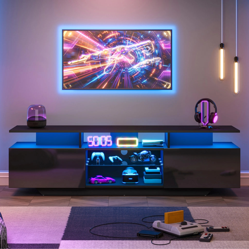 Mobile TV moderno con LED, 2 vani e 8 ripiani, nero