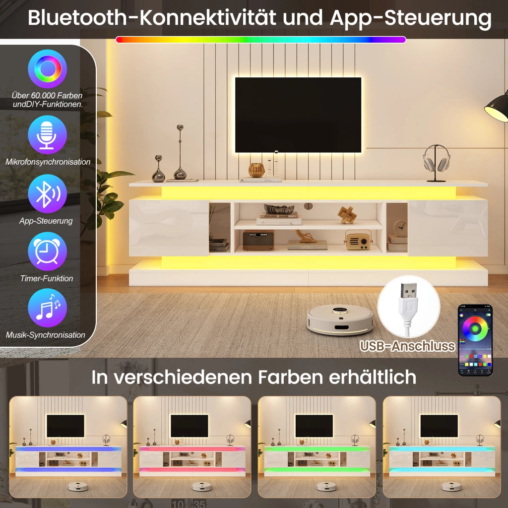 Mobile TV 180 × 35 × 60 cm 2 ante push to open con LED RGB Bluetooth e ripiani regolabili bianco lucido