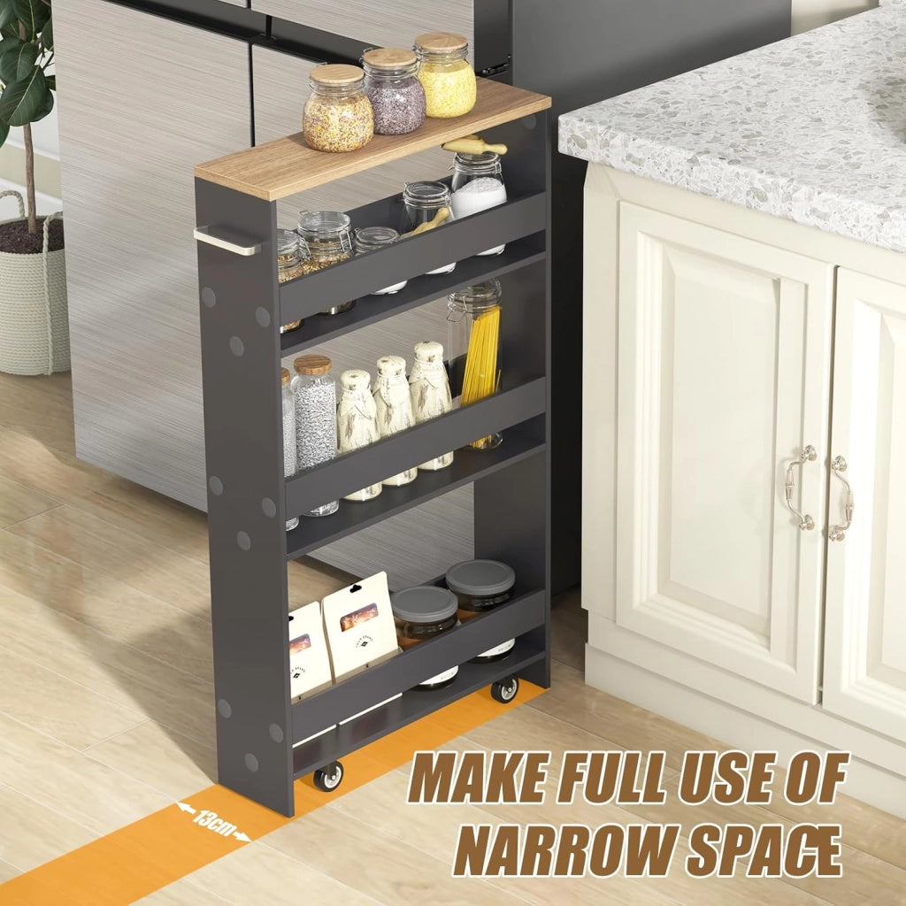 Carrello per Nicchia con Ruote, 4 Livelli，Carrello di Servizio Stretto Salvaspazio, da Bagno, Scaffale da Cucina Sottile 47,5 x 13 x 80,5 cm (Naturale+Grigio, Largo 13 cm)