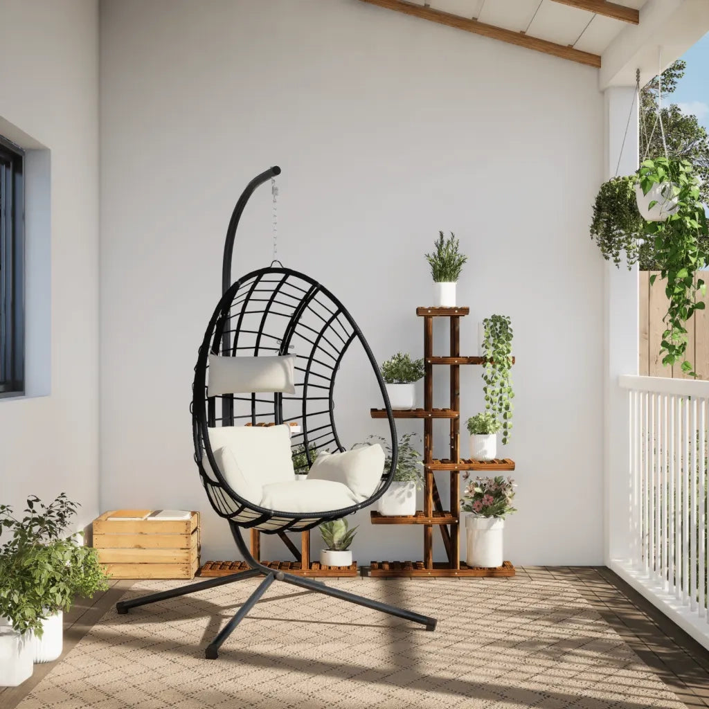 Sedia a Uovo Sospesa con Supporto Beige in Polyrattan e Acciaio CFW2206913
