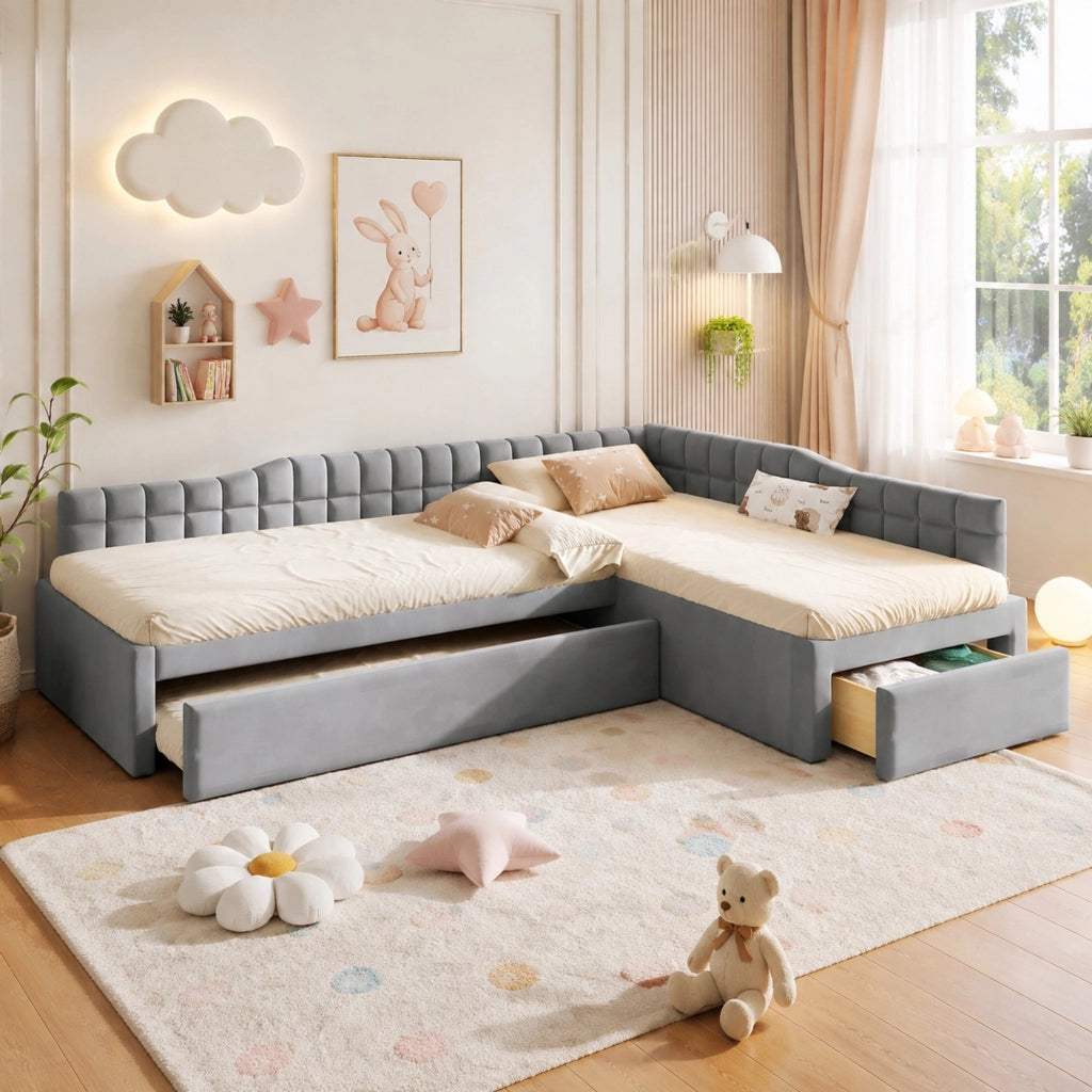 Letto Combinato 90x200 cm e 90x190 cm; Cassetti e Letto Estraibile - in Flanella - Grigio