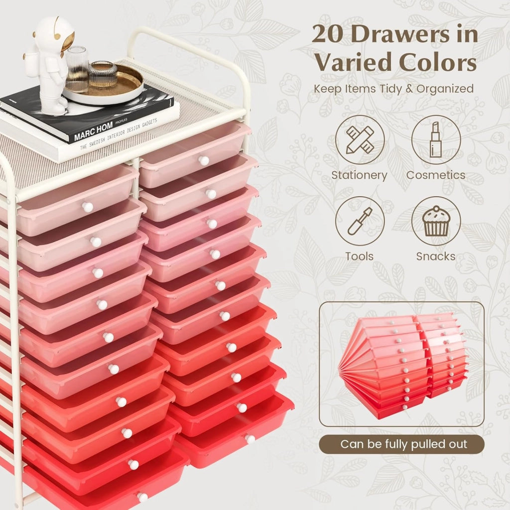 Carrello con 20 cassetti, impilabile, per cassetti, da cucina, bagno, ufficio, 64 x 39 x 88 cm (rosso + rosa)