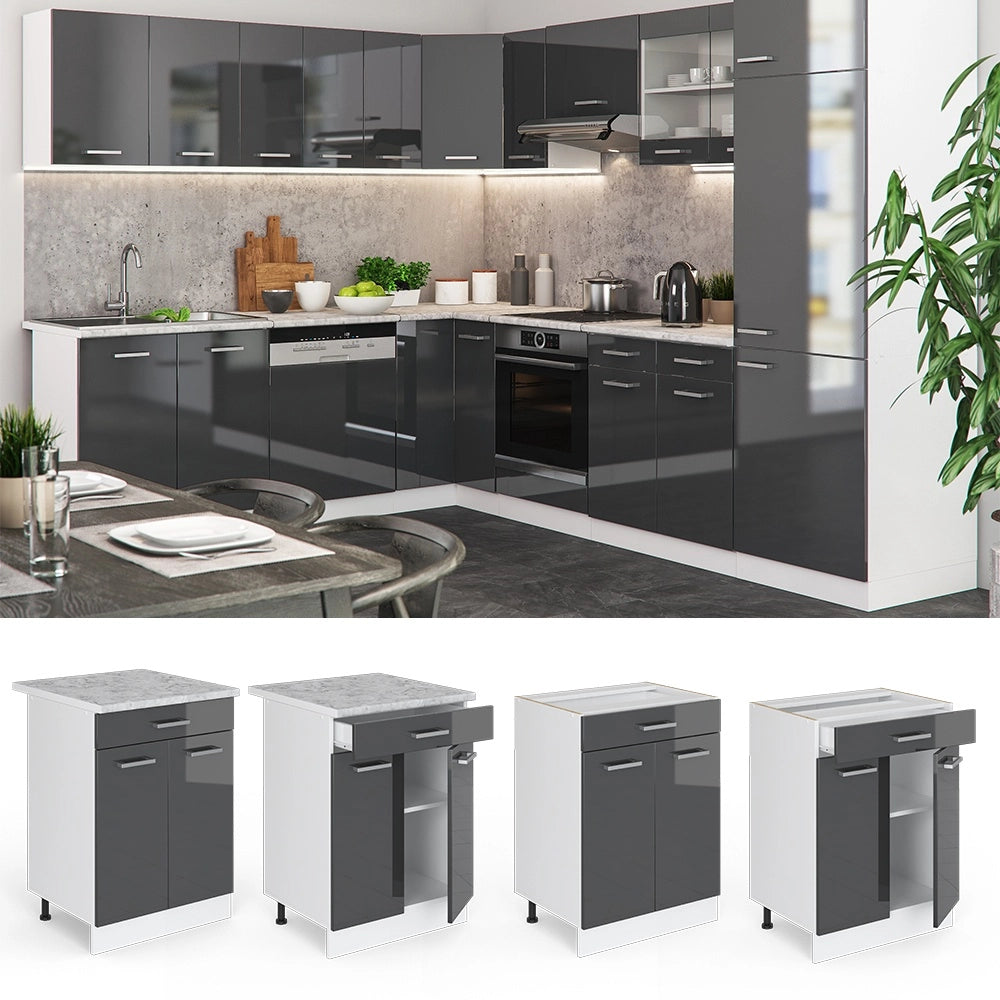 Mobiletto base per cucina R-Line Antracite lucido/Bianco 60 cm con cassetto, senza piano di lavoro Vicco