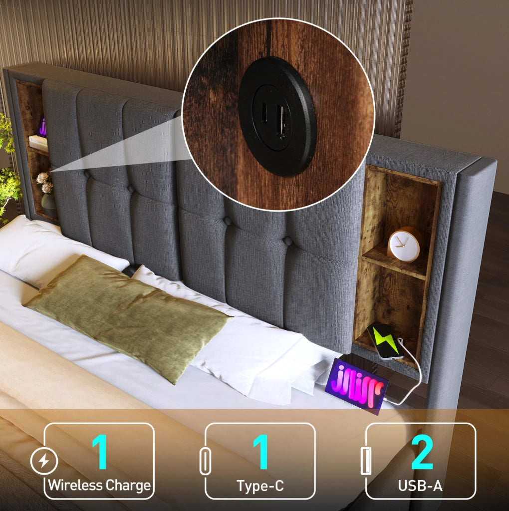 Letto matrimoniale imbottito 140x200 cm grigio in cotone con ricarica wireless; USB e contenitore